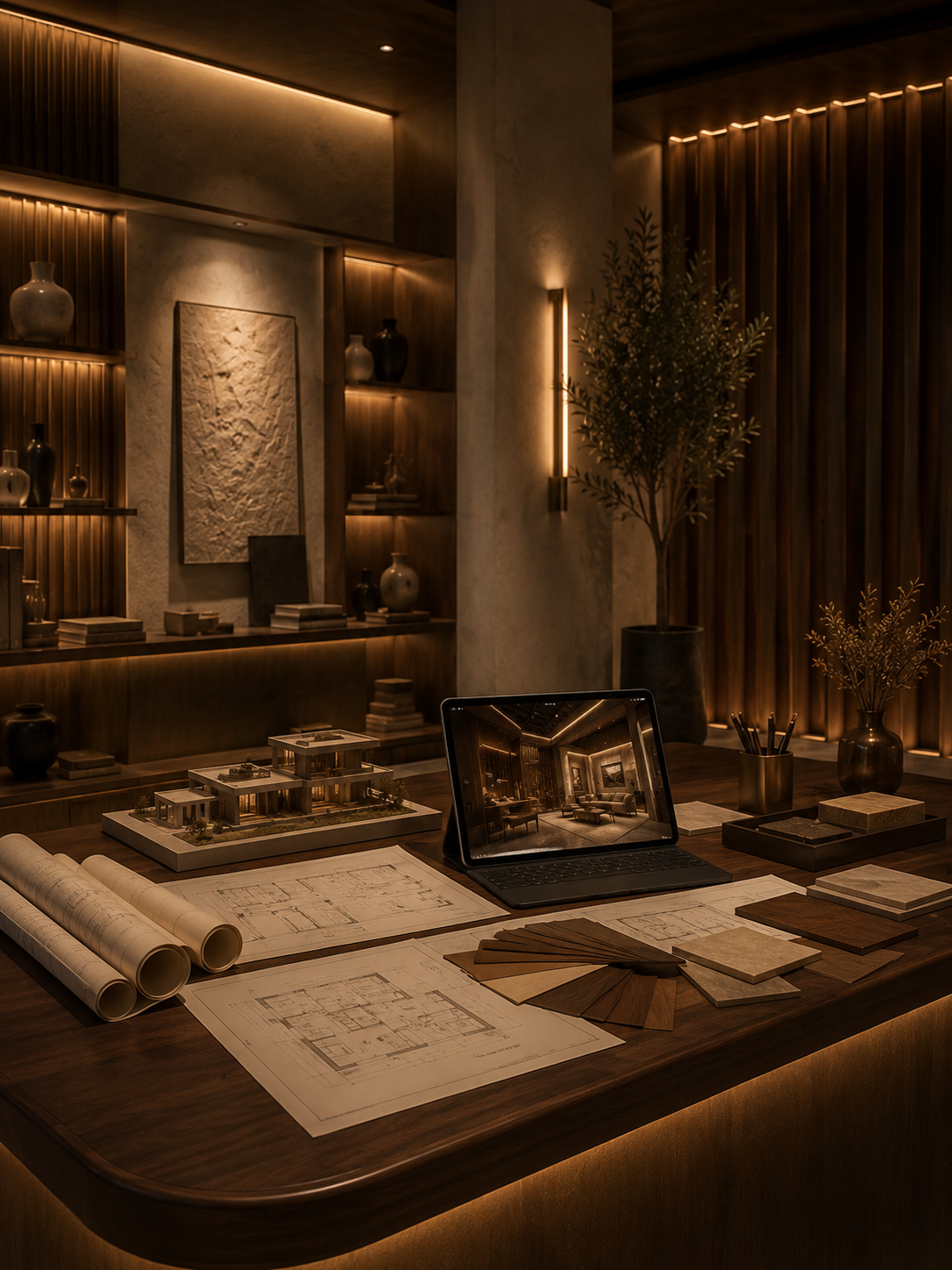 استوديو تصميم داخلي مع مخططات ونموذج معماري